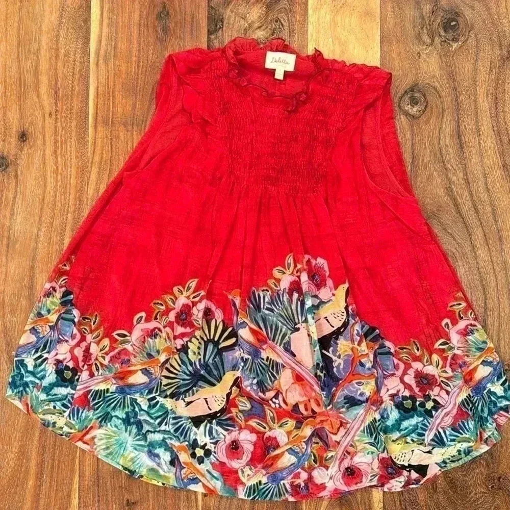Anthropologie Deletta Sleeveless Top Red Floral Birds size Small